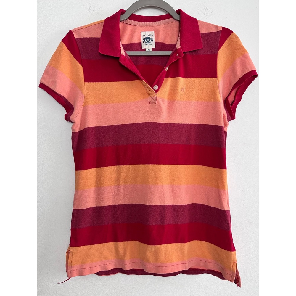 Y2K Preppy Vintage Old Navy Striped Polo Shirt Pink Orange Short Sleeve Twee